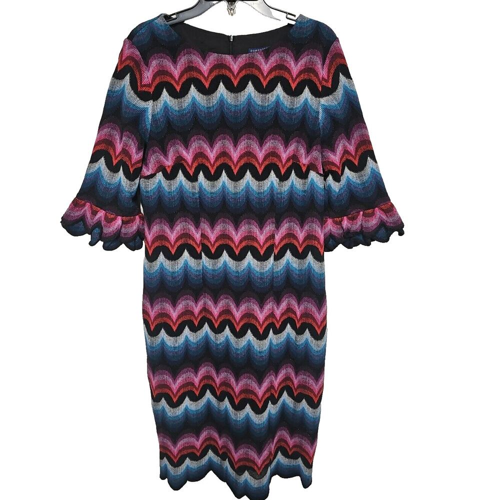 VTG Doncaster Women’s Dress Size 10 Petite Multicolor Scalloped Hem Bell Sleeve